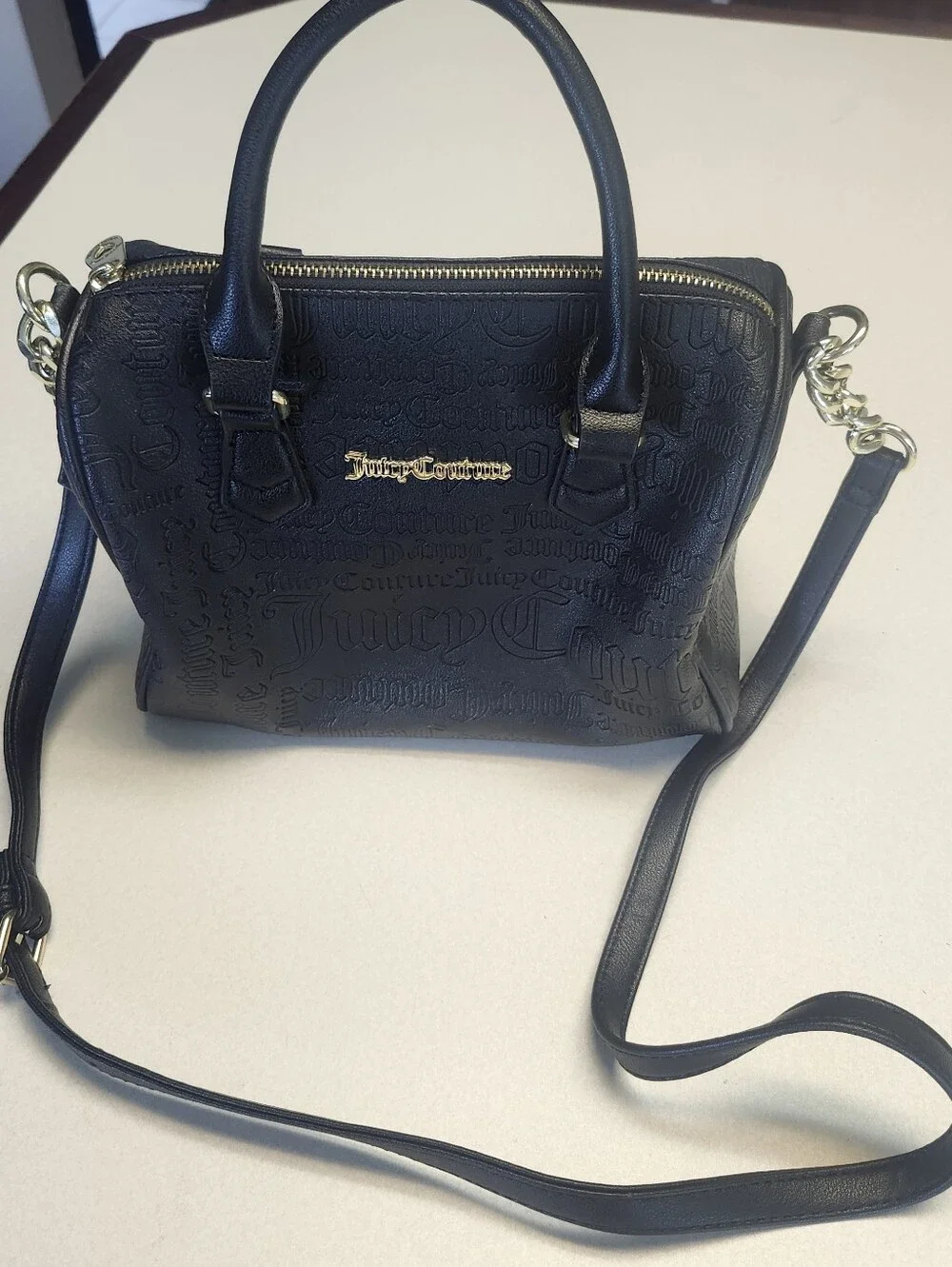 Juicy Couture Black & Gold Faux Leather Satchel Bag Crossbody Purse, 9